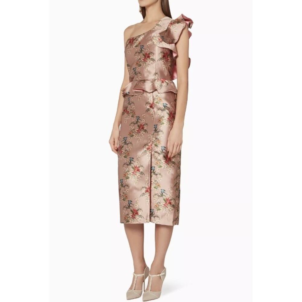 Johanna Ortiz Divinidad Rose Gold Floral Silk Midi Dress One Shoulder Ruffle 6